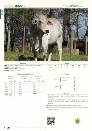 40 |
NELORE
PROP.: EMA - EMPRESA MARINHO DO PANTANAL / MARCIO RIBEIRO / EDSON CROCHIQUIA
CRIADOR: KATAYAMA ALIMENTOS LTDA.
CÓDIGO: 000NE00600 | PESO: 820 kg em coleta
LINHAGEM: FAVORITO FSA x D0833701
000NE00600 | BERGER KA
Nascimento: 20/08/11
Série: - | RGD: B6765/11/KAPB
Informações Medidas
CC AA PT CG LG AP CE
170 148 230 55 55 157 42
Pedigree
Comentários
FAVORITO FSA
DO833701
MACUNI DO SALTO
43590505 FSA
•	 Touro selecionado para o Teste de Progênie do DeltaGen em 2013, agora provado
à Desmama.
•	 Filho de Favorito FSA, touro DECA 1 no sumário Aliança sem sêmen disponível no
mercado em uma das mais bem avaliadas matrizes do programa de seleção da
Katayama.
•	 Excelentes DEPs para CPM, além de boa velocidade de ganho de peso.
•	 Biotipo precoce e musculoso, destaque na avaliação de US de carcaça com excelentes
números de EGS e AOL.
SUMÁRIO ALIANÇA NELORE 2015
REB DESM: 3 NF DESM: 94 AC DESM: 0,92
REB SOBR: NF SOBR: AC SOBR:
DEP DECA
PN -0,09 5
D160 4,96 2
GND 2,33 2
CDESM 0,11 2
PDESM 0,28 1
MDESM 0,24 1
UDESM -0,07 3
INDICED 13,00 2
DEP DECA
D240
GDS
D400
GNS
CSOBR
PSOBR
MSOBR
USOBR
DEP DECA
PE-I
PE-IP
TEMP
ALT
HMAT
RMAT
INDICEF
 