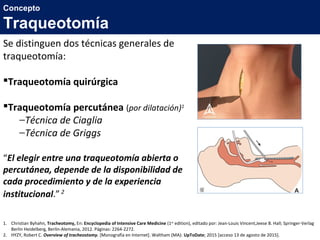 Concepto
Traqueotomía
Se distinguen dos técnicas generales de
traqueotomía:
Traqueotomía quirúrgica
Traqueotomía percutánea (por dilatación)1
−Técnica de Ciaglia
−Técnica de Griggs
“El elegir entre una traqueotomía abierta o
percutánea, depende de la disponibilidad de
cada procedimiento y de la experiencia
institucional.”2
1. Christian Byhahn, Tracheotomy, En: Encyclopedia of Intensive Care Medicine (1st
edition), editado por: Jean-Louis Vincent,Jeese B. Hall; Springer-Verlag
Berlin Heidelberg, Berlín-Alemania, 2012. Páginas: 2264-2272.
2. HYZY, Robert C. Overview of tracheostomy. [Monografía en Internet]. Waltham (MA): UpToDate; 2015 [acceso 13 de agosto de 2015].
 