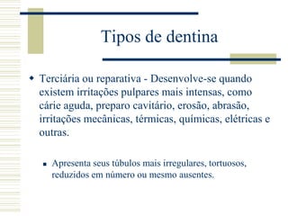 Tipos de dentina

 Terciária ou reparativa - Desenvolve-se quando
  existem irritações pulpares mais intensas, como
  cárie aguda, preparo cavitário, erosão, abrasão,
  irritações mecânicas, térmicas, químicas, elétricas e
  outras.

      Apresenta seus túbulos mais irregulares, tortuosos,
       reduzidos em número ou mesmo ausentes.
 