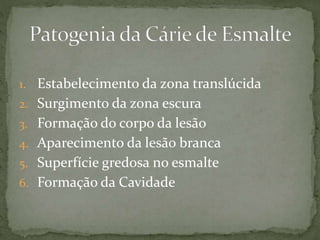 1. Estabelecimento da zona translúcida 
2. Surgimento da zona escura 
3. Formação do corpo da lesão 
4. Aparecimento da lesão branca 
5. Superfície gredosa no esmalte 
6. Formação da Cavidade 
 