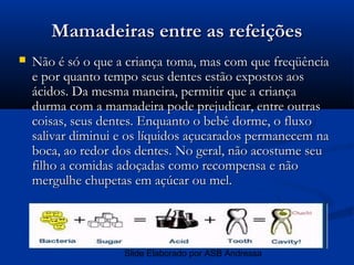 Mamadeiras entre as refeições
   Não é só o que a criança toma, mas com que freqüência
    e por quanto tempo seus dentes estão expostos aos
    ácidos. Da mesma maneira, permitir que a criança
    durma com a mamadeira pode prejudicar, entre outras
    coisas, seus dentes. Enquanto o bebê dorme, o fluxo
    salivar diminui e os líquidos açucarados permanecem na
    boca, ao redor dos dentes. No geral, não acostume seu
    filho a comidas adoçadas como recompensa e não
    mergulhe chupetas em açúcar ou mel.




                    Slide Elaborado por ASB Andressa
 