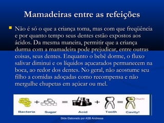Mamadeiras entre as refeições


Não é só o que a criança toma, mas com que freqüência
e por quanto tempo seus dentes estão expostos aos
ácidos. Da mesma maneira, permitir que a criança
durma com a mamadeira pode prejudicar, entre outras
coisas, seus dentes. Enquanto o bebê dorme, o fluxo
salivar diminui e os líquidos açucarados permanecem na
boca, ao redor dos dentes. No geral, não acostume seu
filho a comidas adoçadas como recompensa e não
mergulhe chupetas em açúcar ou mel.

Slide Elaborado por ASB Andressa

 