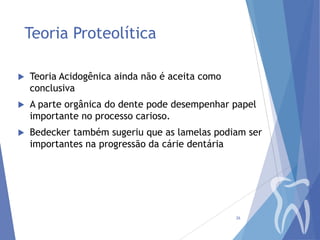 Teoria Proteolítica


Teoria Acidogênica ainda não é aceita como
conclusiva



A parte orgânica do dente pode desempenhar papel
importante no processo carioso.



Bedecker também sugeriu que as lamelas podiam ser
importantes na progressão da cárie dentária

26

 