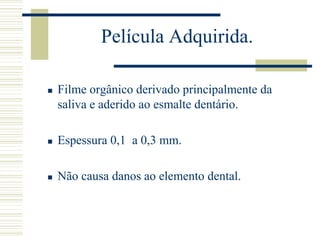 Película Adquirida.

   Filme orgânico derivado principalmente da
    saliva e aderido ao esmalte dentário.

   Espessura 0,1 a 0,3 mm.

   Não causa danos ao elemento dental.
 