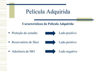 Película Adquirida
          Características da Película Adquirida

 Proteção do esmalte               Lado positivo

 Reservatório de flúor             Lado positivo

 Aderência de MO                   Lado negativo
 