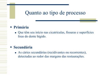 Quanto ao tipo de processo

 Primária
     Que têm seu início nas cicatrículas, fissuras e superfícies
      lisas do dente hígido.


 Secundária
     As cáries secundárias (recidivantes ou recorrentes),
      detectadas ao redor das margens das restaurações.
 
