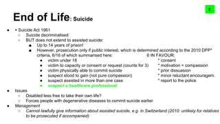 End of Life: Suicide
● ◉ Suicide Act 1961
○ Suicide decriminalised
○ BUT does not extend to assisted suicide:
■ Up to 14 years of prison!
■ However, prosecution only if public interest, which is determined according to the 2010 DPP*
criteria, 6/16 of which summarised here: 6 IN FAVOUR:
● victim under 18 * consent
● victim to capacity or consent or request (counts for 3) * motivation = compassion
● victim physically able to commit suicide * prior dissuasion
● suspect stood to gain (not pure compassion) * minor reluctant encouragem.
● suspect assisted in more than one case * report to the police
● suspect a healthcare professional
● Issues
○ Disabled less free to take their own life?
○ Forces people with degenerative diseases to commit suicide earlier
● Management
○ Cannot lawfully give information about assisted suicide, e.g. in Switzerland (2010: unlikely for relatives
to be prosecuted if accompanied)
9.8.7.
 