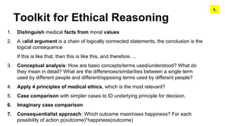 Toolkit for Ethical Reasoning
1. Distinguish medical facts from moral values
2. A valid argument is a chain of logically connected statements, the conclusion is the
logical consequence
If this is like that, then this is like this, and therefore….
3. Conceptual analysis: How are basic concepts/terms used/understood? What do
they mean in detail? What are the differences/similarities between a single term
used by different people and different/opposing terms used by different people?
4. Apply 4 principles of medical ethics, which is the most relevant?
5. Case comparison with simpler cases to ID underlying principle for decision.
6. Imaginary case comparison
7. Consequentialist approach: Which outcome maximises happiness? For each
possibility of action p(outcome)*happiness(outcome)
1.
 