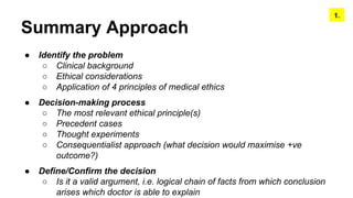 Summary Approach
1.
● Identify the problem
○ Clinical background
○ Ethical considerations
○ Application of 4 principles of medical ethics
● Decision-making process
○ The most relevant ethical principle(s)
○ Precedent cases
○ Thought experiments
○ Consequentialist approach (what decision would maximise +ve
outcome?)
● Define/Confirm the decision
○ Is it a valid argument, i.e. logical chain of facts from which conclusion
arises which doctor is able to explain
 