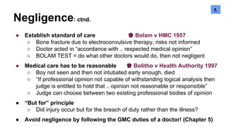 Negligence: ctnd.
● Establish standard of care ♚ Bolam v HMC 1957
○ Bone fracture due to electroconvulsive therapy, risks not informed
○ Doctor acted in “accordance with .. respected medical opinion”
○ BOLAM TEST = do what other doctors would do, then not negligent
● Medical care has to be reasonable ♚ Bolitho v Health Authority 1997
○ Boy not seen and then not intubated early enough, died
○ “If professional opinion not capable of withstanding logical analysis then
judge is entitled to hold that .. opinion not reasonable or responsible”
○ Judge can choose between two existing professional bodies of opinion
● “But for” principle
○ Did injury occur but for the breach of duty rather than the illness?
● Avoid negligence by following the GMC duties of a doctor! (Chapter 5)
5.6.5.
 