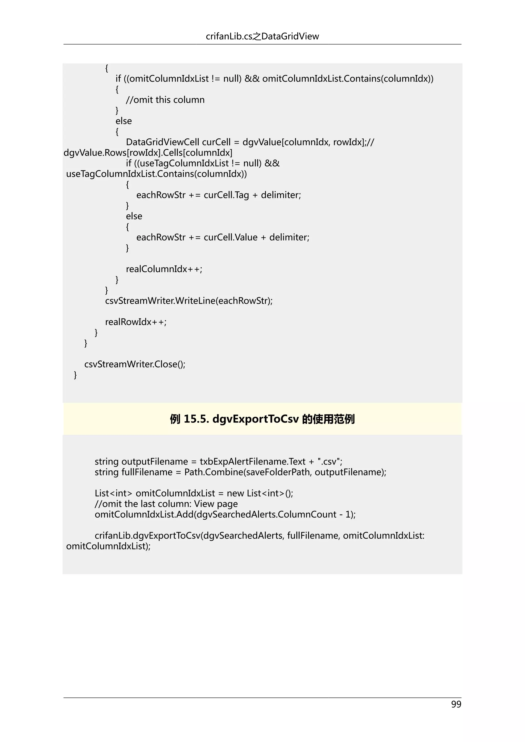 crifanLib.cs之DataGridView
{

if ((omitColumnIdxList != null) && omitColumnIdxList.Contains(columnIdx))
{
//omit this column
}
else
{
DataGridViewCell curCell = dgvValue[columnIdx, rowIdx];//
dgvValue.Rows[rowIdx].Cells[columnIdx]
if ((useTagColumnIdxList != null) &&
useTagColumnIdxList.Contains(columnIdx))
{
eachRowStr += curCell.Tag + delimiter;
}
else
{
eachRowStr += curCell.Value + delimiter;
}
}

realColumnIdx++;

}
csvStreamWriter.WriteLine(eachRowStr);

}
}

}

realRowIdx++;

csvStreamWriter.Close();

例 15.5. dgvExportToCsv 的使用范例

string outputFilename = txbExpAlertFilename.Text + ".csv";
string fullFilename = Path.Combine(saveFolderPath, outputFilename);
List<int> omitColumnIdxList = new List<int>();
//omit the last column: View page
omitColumnIdxList.Add(dgvSearchedAlerts.ColumnCount - 1);
crifanLib.dgvExportToCsv(dgvSearchedAlerts, fullFilename, omitColumnIdxList:
omitColumnIdxList);

99

 