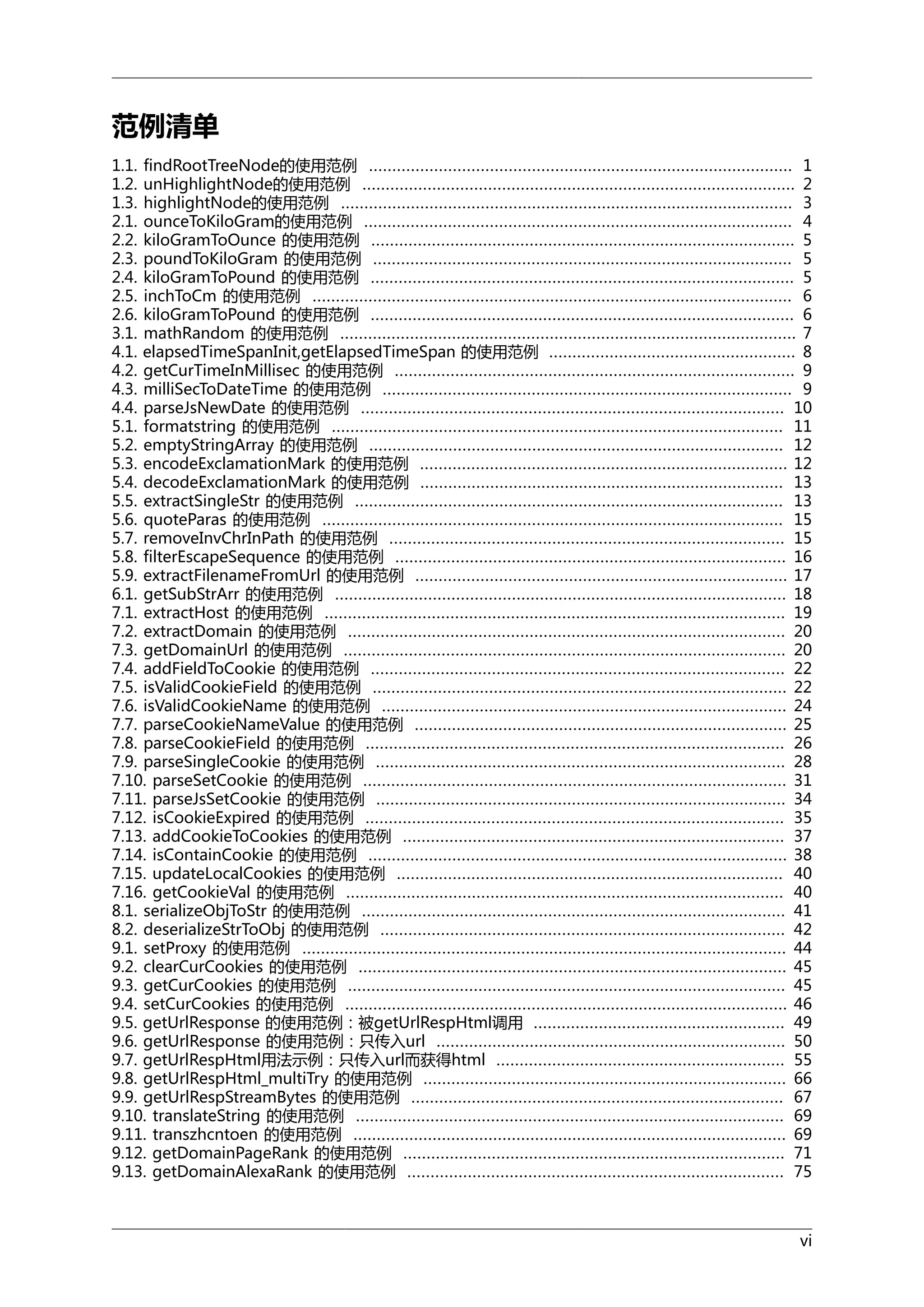 范例清单
1.1. findRootTreeNode的使用范例 ........................................................................................... 1
1.2. unHighlightNode的使用范例 ............................................................................................. 2
1.3. highlightNode的使用范例 ................................................................................................. 3
2.1. ounceToKiloGram的使用范例 ............................................................................................ 4
2.2. kiloGramToOunce 的使用范例 ........................................................................................... 5
2.3. poundToKiloGram 的使用范例 .......................................................................................... 5
2.4. kiloGramToPound 的使用范例 ........................................................................................... 5
2.5. inchToCm 的使用范例 ....................................................................................................... 6
2.6. kiloGramToPound 的使用范例 ........................................................................................... 6
3.1. mathRandom 的使用范例 .................................................................................................. 7
4.1. elapsedTimeSpanInit,getElapsedTimeSpan 的使用范例 ..................................................... 8
4.2. getCurTimeInMillisec 的使用范例 ...................................................................................... 9
4.3. milliSecToDateTime 的使用范例 ........................................................................................ 9
4.4. parseJsNewDate 的使用范例 ........................................................................................... 10
5.1. formatstring 的使用范例 ................................................................................................. 11
5.2. emptyStringArray 的使用范例 ......................................................................................... 12
5.3. encodeExclamationMark 的使用范例 ............................................................................... 12
5.4. decodeExclamationMark 的使用范例 .............................................................................. 13
5.5. extractSingleStr 的使用范例 ............................................................................................ 13
5.6. quoteParas 的使用范例 ................................................................................................... 15
5.7. removeInvChrInPath 的使用范例 ..................................................................................... 15
5.8. filterEscapeSequence 的使用范例 .................................................................................... 16
5.9. extractFilenameFromUrl 的使用范例 ................................................................................ 17
6.1. getSubStrArr 的使用范例 ................................................................................................. 18
7.1. extractHost 的使用范例 ................................................................................................... 19
7.2. extractDomain 的使用范例 .............................................................................................. 20
7.3. getDomainUrl 的使用范例 ............................................................................................... 20
7.4. addFieldToCookie 的使用范例 ......................................................................................... 22
7.5. isValidCookieField 的使用范例 ......................................................................................... 22
7.6. isValidCookieName 的使用范例 ....................................................................................... 24
7.7. parseCookieNameValue 的使用范例 ................................................................................ 25
7.8. parseCookieField 的使用范例 .......................................................................................... 26
7.9. parseSingleCookie 的使用范例 ........................................................................................ 28
7.10. parseSetCookie 的使用范例 ........................................................................................... 31
7.11. parseJsSetCookie 的使用范例 ........................................................................................ 34
7.12. isCookieExpired 的使用范例 .......................................................................................... 35
7.13. addCookieToCookies 的使用范例 .................................................................................. 37
7.14. isContainCookie 的使用范例 .......................................................................................... 38
7.15. updateLocalCookies 的使用范例 ................................................................................... 40
7.16. getCookieVal 的使用范例 .............................................................................................. 40
8.1. serializeObjToStr 的使用范例 ........................................................................................... 41
8.2. deserializeStrToObj 的使用范例 ....................................................................................... 42
9.1. setProxy 的使用范例 ........................................................................................................ 44
9.2. clearCurCookies 的使用范例 ............................................................................................ 45
9.3. getCurCookies 的使用范例 .............................................................................................. 45
9.4. setCurCookies 的使用范例 ............................................................................................... 46
9.5. getUrlResponse 的使用范例：被getUrlRespHtml调用 ...................................................... 49
9.6. getUrlResponse 的使用范例：只传入url ........................................................................... 50
9.7. getUrlRespHtml用法示例：只传入url而获得html .............................................................. 55
9.8. getUrlRespHtml_multiTry 的使用范例 .............................................................................. 66
9.9. getUrlRespStreamBytes 的使用范例 ................................................................................ 67
9.10. translateString 的使用范例 ............................................................................................ 69
9.11. transzhcntoen 的使用范例 ............................................................................................. 69
9.12. getDomainPageRank 的使用范例 .................................................................................. 71
9.13. getDomainAlexaRank 的使用范例 ................................................................................. 75

vi

 