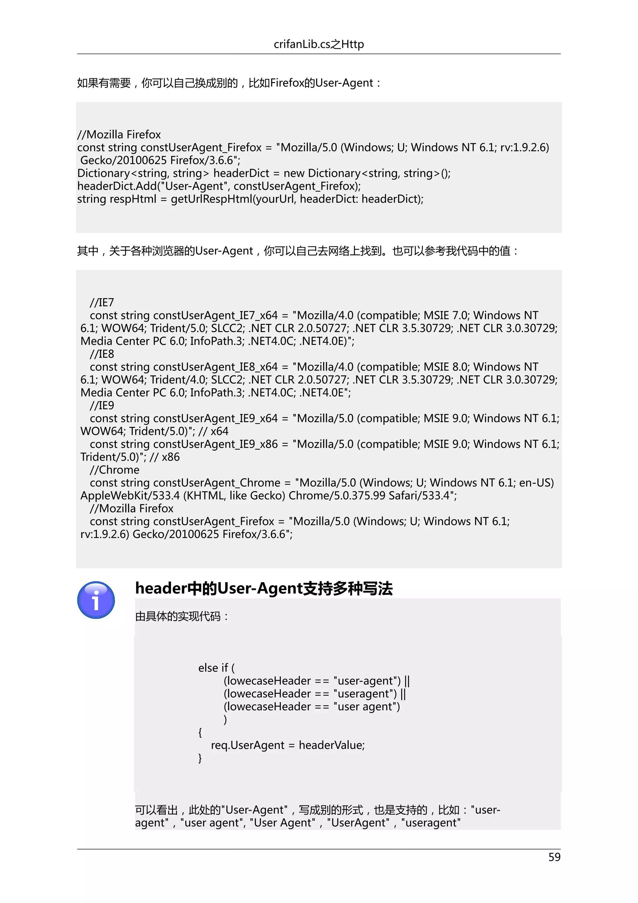 crifanLib.cs之Http
如果有需要，你可以自己换成别的，比如Firefox的User-Agent：

//Mozilla Firefox
const string constUserAgent_Firefox = "Mozilla/5.0 (Windows; U; Windows NT 6.1; rv:1.9.2.6)
Gecko/20100625 Firefox/3.6.6";
Dictionary<string, string> headerDict = new Dictionary<string, string>();
headerDict.Add("User-Agent", constUserAgent_Firefox);
string respHtml = getUrlRespHtml(yourUrl, headerDict: headerDict);

其中，关于各种浏览器的User-Agent，你可以自己去网络上找到。也可以参考我代码中的值：

//IE7
const string constUserAgent_IE7_x64 = "Mozilla/4.0 (compatible; MSIE 7.0; Windows NT
6.1; WOW64; Trident/5.0; SLCC2; .NET CLR 2.0.50727; .NET CLR 3.5.30729; .NET CLR 3.0.30729;
Media Center PC 6.0; InfoPath.3; .NET4.0C; .NET4.0E)";
//IE8
const string constUserAgent_IE8_x64 = "Mozilla/4.0 (compatible; MSIE 8.0; Windows NT
6.1; WOW64; Trident/4.0; SLCC2; .NET CLR 2.0.50727; .NET CLR 3.5.30729; .NET CLR 3.0.30729;
Media Center PC 6.0; InfoPath.3; .NET4.0C; .NET4.0E";
//IE9
const string constUserAgent_IE9_x64 = "Mozilla/5.0 (compatible; MSIE 9.0; Windows NT 6.1;
WOW64; Trident/5.0)"; // x64
const string constUserAgent_IE9_x86 = "Mozilla/5.0 (compatible; MSIE 9.0; Windows NT 6.1;
Trident/5.0)"; // x86
//Chrome
const string constUserAgent_Chrome = "Mozilla/5.0 (Windows; U; Windows NT 6.1; en-US)
AppleWebKit/533.4 (KHTML, like Gecko) Chrome/5.0.375.99 Safari/533.4";
//Mozilla Firefox
const string constUserAgent_Firefox = "Mozilla/5.0 (Windows; U; Windows NT 6.1;
rv:1.9.2.6) Gecko/20100625 Firefox/3.6.6";

header中的User-Agent支持多种写法
由具体的实现代码：

else if (
(lowecaseHeader == "user-agent") ||
(lowecaseHeader == "useragent") ||
(lowecaseHeader == "user agent")
)
{
req.UserAgent = headerValue;
}

可以看出，此处的"User-Agent"，写成别的形式，也是支持的，比如："useragent"，"user agent", "User Agent"，"UserAgent"，"useragent"
59

 