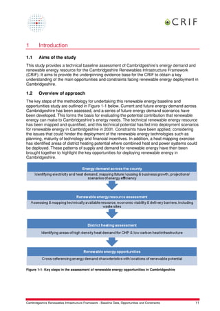 1        Introduction

1.1      Aims of the study
This study provides a technical baseline assessment of Cambridgeshire’s energy demand and
renewable energy resource for the Cambridgeshire Renewables Infrastructure Framework
(CRIF). It aims to provide the underpinning evidence base for the CRIF to obtain a key
understanding of the main opportunities and constraints facing renewable energy deployment in
Cambridgeshire.

1.2      Overview of approach
The key steps of the methodology for undertaking this renewable energy baseline and
opportunities study are outlined in Figure 1-1 below. Current and future energy demand across
Cambridgeshire has been assessed, and a series of future energy demand scenarios have
been developed. This forms the basis for evaluating the potential contribution that renewable
energy can make to Cambridgeshire’s energy needs. The technical renewable energy resource
has been mapped and quantified, and this technical potential has fed into deployment scenarios
for renewable energy in Cambridgeshire in 2031. Constraints have been applied, considering
the issues that could hinder the deployment of the renewable energy technologies such as
planning, maturity of technology and financial incentives. In addition, a heat mapping exercise
has identified areas of district heating potential where combined heat and power systems could
be deployed. These patterns of supply and demand for renewable energy have then been
brought together to highlight the key opportunities for deploying renewable energy in
Cambridgeshire.




Figure 1-1: Key steps in the assessment of renewable energy opportunities in Cambridgeshire




Cambridgeshire Renewables Infrastructure Framework - Baseline Data, Opportunities and Constraints   11
 