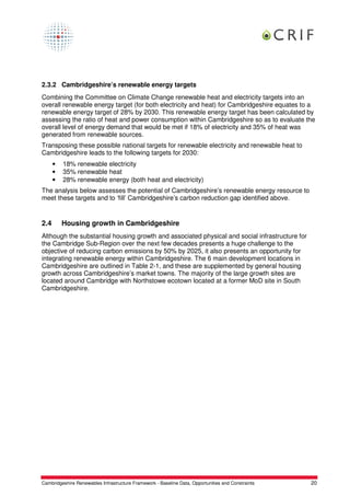 2.3.2 Cambridgeshire’s renewable energy targets
Combining the Committee on Climate Change renewable heat and electricity targets into an
overall renewable energy target (for both electricity and heat) for Cambridgeshire equates to a
renewable energy target of 28% by 2030. This renewable energy target has been calculated by
assessing the ratio of heat and power consumption within Cambridgeshire so as to evaluate the
overall level of energy demand that would be met if 18% of electricity and 35% of heat was
generated from renewable sources.
Transposing these possible national targets for renewable electricity and renewable heat to
Cambridgeshire leads to the following targets for 2030:
      •   18% renewable electricity
      •   35% renewable heat
      •   28% renewable energy (both heat and electricity)
The analysis below assesses the potential of Cambridgeshire’s renewable energy resource to
meet these targets and to ‘fill’ Cambridgeshire’s carbon reduction gap identified above.


2.4       Housing growth in Cambridgeshire
Although the substantial housing growth and associated physical and social infrastructure for
the Cambridge Sub-Region over the next few decades presents a huge challenge to the
objective of reducing carbon emissions by 50% by 2025, it also presents an opportunity for
integrating renewable energy within Cambridgeshire. The 6 main development locations in
Cambridgeshire are outlined in Table 2-1, and these are supplemented by general housing
growth across Cambridgeshire’s market towns. The majority of the large growth sites are
located around Cambridge with Northstowe ecotown located at a former MoD site in South
Cambridgeshire.




Cambridgeshire Renewables Infrastructure Framework - Baseline Data, Opportunities and Constraints   20
 