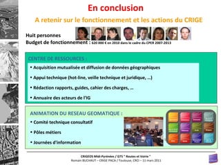 En conclusion  A retenir sur le fonctionnement et les actions du CRIGE Huit personnes Budget de fonctionnement :  620 000 € en 2010 dans le cadre du CPER 2007-2013 Comité technique consultatif Pôles métiers Journées d'information CENTRE DE RESSOURCES : Acquisition mutualisée et diffusion de données géographiques Appui technique (hot-line, veille technique et juridique, …) Rédaction rapports, guides, cahier des charges, … Annuaire des acteurs de l’IG ANIMATION DU RESEAU GEOMATIQUE : www.crige-paca.org 