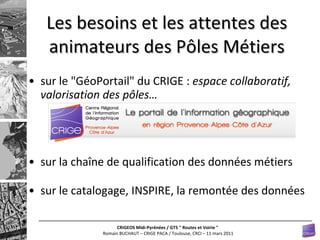 Les besoins et les attentes des animateurs des Pôles Métiers sur le "GéoPortail" du CRIGE :  espace collaboratif, valorisation des pôles…  sur la chaîne de qualification des données métiers sur le catalogage, INSPIRE, la remontée des données 