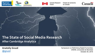 The State of Social Media Research
After Cambridge Analytica
Anatoliy Gruzd
@gruzd
Symposium on Rethinking Digital Humanities
CRIHN, Université de Montréal
October 26, 2018
 