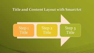Title and Content Layout with SmartArt
Step 1
Title
Step 2
Title
Step 3
Title
 