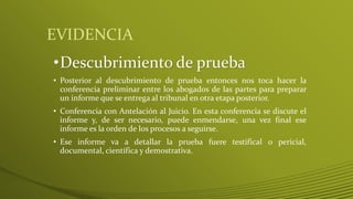 EVIDENCIA
•Descubrimiento de prueba
• Posterior al descubrimiento de prueba entonces nos toca hacer la
conferencia preliminar entre los abogados de las partes para preparar
un informe que se entrega al tribunal en otra etapa posterior.
• Conferencia con Antelación al Juicio. En esta conferencia se discute el
informe y, de ser necesario, puede enmendarse, una vez final ese
informe es la orden de los procesos a seguirse.
• Ese informe va a detallar la prueba fuere testifical o pericial,
documental, científica y demostrativa.
 