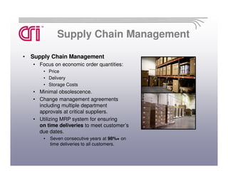 Supply Chain Management

• Supply Chain Management
   • Focus on economic order quantities:
       • Price
       • Delivery
       • Storage Costs
   • Minimal obsolescence.
   • Change management agreements
     including multiple department
     approvals at critical suppliers.
   • Utilizing MRP system for ensuring
     on time deliveries to meet customer’s
     due dates.
       •   Seven consecutive years at 98%+ on
           time deliveries to all customers.
 
