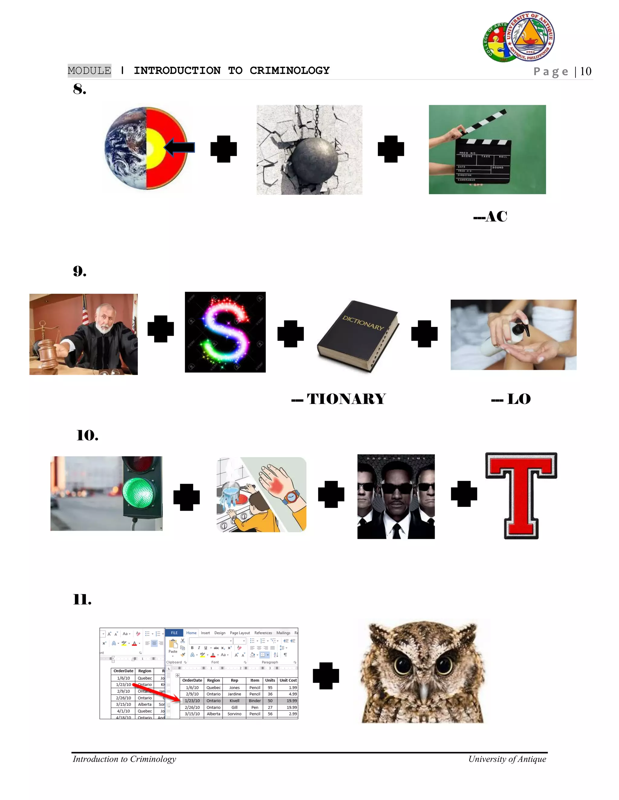 P a g e | 10
Introduction to Criminology University of Antique
MODULE ǀ INTRODUCTION TO CRIMINOLOGY
8.
---AC
9.
--- TIONARY --- LO
10.
11.
 