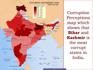 Corruption
Perceptions
map which
shows that
Bihar and
Kashmir is
the most
corrupt
states in
India.
SOURCE :http://trak.in/wp-content/uploads/2013/07/Corruption-in-
India.jpg
 