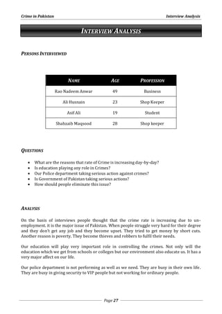 Crime in Pakistan Interview Analysis 
INTERVIEW ANALYSIS 
Page 27 
PERSONS INTERVIEWED 
NAME AGE PROFESSION 
Rao Nadeem Anwar 49 Business 
Ali Husnain 23 Shop Keeper 
Asif Ali 19 Student 
Shahzaib Maqsood 28 Shop keeper 
QUESTIONS 
 What are the reasons that rate of Crime is increasing day-by-day? 
 Is education playing any role in Crimes? 
 Our Police department taking serious action against crimes? 
 Is Government of Pakistan taking serious actions? 
 How should people eliminate this issue? 
ANALYSIS 
On the basis of interviews people thought that the crime rate is increasing due to un-employment. 
it is the major issue of Pakistan. When people struggle very hard for their degree 
and they don’t get any job and they become upset. They tried to get money by short cuts. 
Another reason is poverty. They become thieves and robbers to fulfil their needs. 
Our education will play very important role in controlling the crimes. Not only will the 
education which we get from schools or colleges but our environment also educate us. It has a 
very major affect on our life. 
Our police department is not performing as well as we need. They are busy in their own life. 
They are busy in giving security to VIP people but not working for ordinary people. 
 