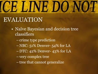 EVALUATION
• Naïve Bayesian and decision tree
classifiers
– crime type prediction
– NBC: 51% Denver- 54% for LA
– DTC: 42% Denver- 43% for LA
– very complex tree
– tree that cannot generalize
 