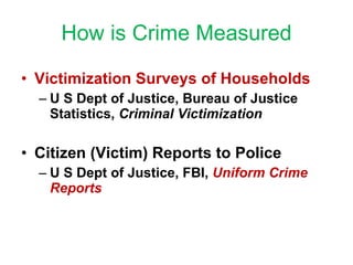 How is Crime Measured Victimization Surveys of Households U S Dept of Justice, Bureau of Justice Statistics,  Criminal Victimization Citizen (Victim) Reports to Police U S Dept of Justice, FBI,  Uniform Crime Reports 