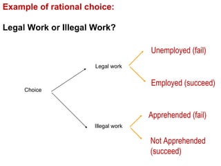 Choice Legal work Illegal work Unemployed (fail) Employed (succeed) Apprehended (fail) Not Apprehended (succeed) Example of rational choice: Legal Work or Illegal Work? 