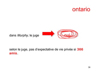 ontario
dans Murphy, le juge oui
selon le juge, pas d’expectative de vie privée si 366
amis.
39
 