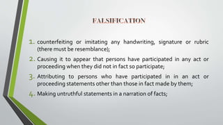 1. counterfeiting or imitating any handwriting, signature or rubric
(there must be resemblance);
2. Causing it to appear that persons have participated in any act or
proceeding when they did not in fact so participate;
3. Attributing to persons who have participated in in an act or
proceeding statements other than those in fact made by them;
4. Making untruthful statements in a narration of facts;
 