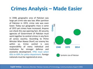 Crimes Analysis – Made Easier 
Crimes 
1948 1972 2014 
In 1948, geographic area of Pakistan was 
large yet crime rate was low. After partition 
of Pakistan in 1972, crime rate was even 
lower. Today our geographic mass is same 
of 1972 yet crimes have increased. Anyone 
can check this eye-opening fact. All security 
agencies of Government of Pakistan must 
work together to control crimes in any form 
all across country. According to Prime 
Minister Mian Nawaz Sharif, our enemy lies 
within us. Crime control is core 
responsibility of every individual and 
institution for stronger defense and 
economic development. FPSC must select 
ASIs to ASPs for police department. Foreign 
nationals must be registered at once. 
Symbolic size of Pakistan 
Crimes Volume 
Sajid Imtiaz: Honorary Member Pakistan Society of Criminology, Communications Expert CDKN 
