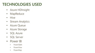 • Azure HDInsight
• MapReduce
• Hive
• Stream Analytics
• Azure Queue
• Azure Storage
• SQL Azure
• SQL Server
• Power BI
• PowerQ&A
• PowerView
• PowerMap
TECHNOLOGIES USED
 
