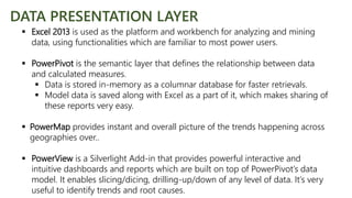 DATA PRESENTATION LAYER
 Excel 2013 is used as the platform and workbench for analyzing and mining
data, using functionalities which are familiar to most power users.
 PowerPivot is the semantic layer that defines the relationship between data
and calculated measures.
 Data is stored in-memory as a columnar database for faster retrievals.
 Model data is saved along with Excel as a part of it, which makes sharing of
these reports very easy.
 PowerMap provides instant and overall picture of the trends happening across
geographies over..
 PowerView is a Silverlight Add-in that provides powerful interactive and
intuitive dashboards and reports which are built on top of PowerPivot’s data
model. It enables slicing/dicing, drilling-up/down of any level of data. It’s very
useful to identify trends and root causes.
 