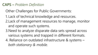 CAPS – Problem Definition
Other Challenges for Public Governments:
1. Lack of technical knowledge and resources.
2.Lack of management resources to manage, monitor
and operate such systems.
3.Need to analyze disparate data sets spread across
various systems and trapped in different formats.
4. Reliance on outdated infrastructure & systems –
both stationary & mobile.
 