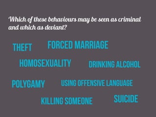 Which of these behaviours may be seen as criminal
and which as deviant?
drinking alcoholhomosexuality
killing someone suicide
forced marriagetheft
using offensive languagepolygamy
 
