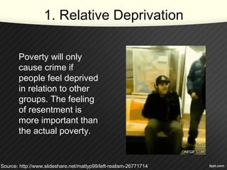 1. Relative Deprivation
Poverty will only
cause crime if
people feel deprived
in relation to other
groups. The feeling
of resentment is
more important than
the actual poverty.
Source: http://www.slideshare.net/mattyp99/left-realism-26771714
 
