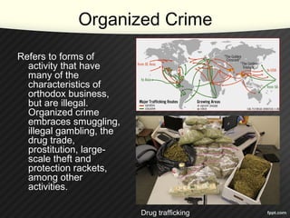 Organized Crime
Refers to forms of
activity that have
many of the
characteristics of
orthodox business,
but are illegal.
Organized crime
embraces smuggling,
illegal gambling, the
drug trade,
prostitution, large-
scale theft and
protection rackets,
among other
activities.
Drug trafficking
 
