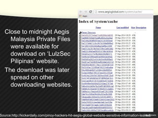 Close to midnight Aegis
Malaysia Private Files
were available for
download on ‘LulzSec
Pilipinas’ website.
The download was later
spread on other
downloading websites.
Source:http://kickerdaily.com/pinoy-hackers-hit-aegis-global-website-sensitive-information-leaked/
 