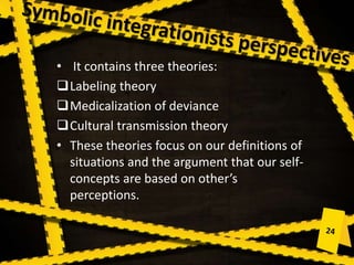 • It contains three theories:
Labeling theory
Medicalization of deviance
Cultural transmission theory
• These theories focus on our definitions of
situations and the argument that our self-
concepts are based on other’s
perceptions.
 