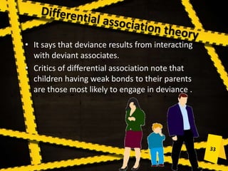 • It says that deviance results from interacting
with deviant associates.
• Critics of differential association note that
children having weak bonds to their parents
are those most likely to engage in deviance .
 