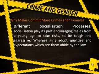 Why Males Commit More Crimes Than Females
Different Socialisation Processes:
socialisation play its part encouraging males from
a young age to take risks, to be tough and
aggressive. Whereas girls adopt qualities and
expectations which see them abide by the law.
 