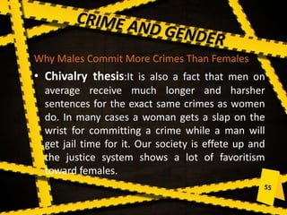 Why Males Commit More Crimes Than Females
• Chivalry thesis:It is also a fact that men on
average receive much longer and harsher
sentences for the exact same crimes as women
do. In many cases a woman gets a slap on the
wrist for committing a crime while a man will
get jail time for it. Our society is effete up and
the justice system shows a lot of favoritism
toward females.
 