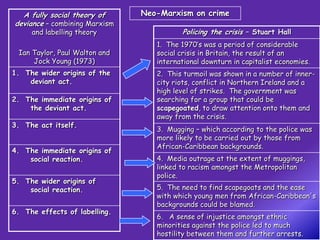 A fully social theory of     Neo-Marxism on crime
deviance – combining Marxism
     and labelling theory                Policing the crisis – Stuart Hall
                                  1. The 1970’s was a period of considerable
 Ian Taylor, Paul Walton and      social crisis in Britain, the result of an
     Jock Young (1973)            international downturn in capitalist economies.
1. The wider origins of the       2. This turmoil was shown in a number of inner-
    deviant act.                  city riots, conflict in Northern Ireland and a
                                  high level of strikes. The government was
2. The immediate origins of       searching for a group that could be
    the deviant act.              scapegoated, to draw attention onto them and
                                  away from the crisis.
3. The act itself.
                                  3. Mugging – which according to the police was
                                  more likely to be carried out by those from
                                  African-Caribbean backgrounds.
4. The immediate origins of
    social reaction.              4. Media outrage at the extent of muggings,
                                  linked to racism amongst the Metropolitan
                                  police.
5. The wider origins of
    social reaction.              5. The need to find scapegoats and the ease
                                  with which young men from African-Caribbean's
                                  backgrounds could be blamed.
6. The effects of labelling.
                                  6. A sense of injustice amongst ethnic
                                  minorities against the police led to much
                                  hostility between them and further arrests.
 