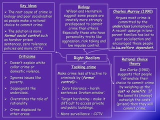 Key ideas                          Biology
 The root cause of crime is          Wilson and Hernstein        Charles Murray (1990)
biology and poor socialisation      suggest some people are
                                                                    Argues most crime is
as people make a rational            innately more strongly
                                                                      committed by the
choice to commit crime.              predisposed to commit
                                                                  underclass (unemployed).
                                        crime than others.
 The solution is more                                           A recent upsurge in lone-
                                   Especially those who have
formal social control such                                       parent families has led to
                                      personality traits like
as harsher prison                                                   poor socialisation and
                                   aggression, risk taking and
sentences, zero tolerance                                         encouraged these people
                                       low impulse control.
policies and more CCTV.                                          to be welfare dependant.

         Criticisms                       Right Realism                Rational Choice
 Doesn’t explain white                                                    theory
  collar crime or                        Tackling crime
  domestic violence.                                                   Ron Clarke (1980)
                                 Make crime less attractive to       suggests that people
 Ignores issues like             criminals by (formal                  rationalise their
  poverty.                        control):-                       choice to commit crime
 Scapegoats the                 • Zero tolerance – harsh             by weighing up the
  underclass.                      sentences ‘broken window’.        cost vs benefits. If
                                                                     the benefits (money)
 Overstates the role of         • Target hardening – make it         outweigh the costs
  rationality.                     difficult to access private      (prison) then they will
                                   and public buildings.                 commit crime.
 Crime displaced to
  other areas.                   • More surveillance – CCTV.
 