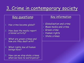 3. Crime in contemporary society
      Key questions:                       Key information

1. Has crime become global?           Globalisation and crime
                                      Mass media and crime
2. How does the media report          Green crime
   criminal activity?                 Human rights
                                      State crimes
3. What are green crimes and
   how are they dealt with?

4. What rights due all human
   beings have?

5. How can we stop state crimes
   when we have no world police?
 