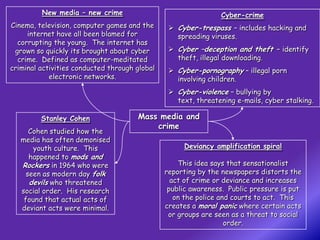 New media – new crime                                  Cyber-crime
Cinema, television, computer games and the       Cyber-trespass – includes hacking and
     internet have all been blamed for            spreading viruses.
  corrupting the young. The internet has
 grown so quickly its brought about cyber        Cyber –deception and theft – identify
  crime. Defined as computer-meditated            theft, illegal downloading.
criminal activities conducted through global     Cyber-pornography – illegal porn
            electronic networks.                  involving children.
                                                 Cyber-violence – bullying by
                                                  text, threatening e-mails, cyber stalking.

         Stanley Cohen                Mass media and
                                          crime
      Cohen studied how the
   media has often demonised
       youth culture. This                          Deviancy amplification spiral
      happened to mods and
   Rockers in 1964 who were                        This idea says that sensationalist
     seen as modern day folk                   reporting by the newspapers distorts the
      devils who threatened                      act of crime or deviance and increases
   social order. His research                   public awareness. Public pressure is put
    found that actual acts of                     on the police and courts to act. This
   deviant acts were minimal.                  creates a moral panic where certain acts
                                                or groups are seen as a threat to social
                                                                  order.
 