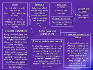 Crime                  Deviance             Deviant not
                                                      criminal
 Any act which breaks        Behaviour which                                  Deviant and
      the laws of            moves away from        Burping, not               criminal
society, such as murder         conventional          queuing
        or rape.             norms and values                                Rape, murder
                              such as burping    Criminal not deviant        , paedophilia
   Social control is
                               and farting in
enforced by agencies                             Speeding, parking on
such as police and the             public.
                                                     yellow lines
       courts.
 Biological explanations            Definitions and
 Early criminologists like           explanations              Crime and deviance as
Cesare Lombroso sort to                                               relative
  find physical criminal
characteristics like long     Crime as socially constructed
                                                                   Crime and deviance is
     arms or sloping
                             If what is consider to be crime       relative (changing) in
foreheads. Sociologists
                              and deviance changes it can’t        relation to time, place
   find such ‘born bad’
                              be inherently wrong but must         and culture. What one
 determinism dangerous
                                  be culturally specific.           society may see as a
 and prefer to normalise
                             This means crime and deviance           crime another may
  crime by reminding us
                               is socially constructed i.e.        not, such as polygamy
that we all commit crime
                               created and defined by the           (many wives). Other
   and there are social
                             people of that society and not             examples are
 factors which influence
                                         universal.                  homosexuality and
      our behaviour.
                                                                           suicide.
 